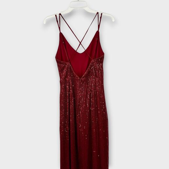 Lulus Wine Red Sequin Wide Leg Jumpsuit Size M Crisscross Open Back Sleeveless - Picture 13 of 16